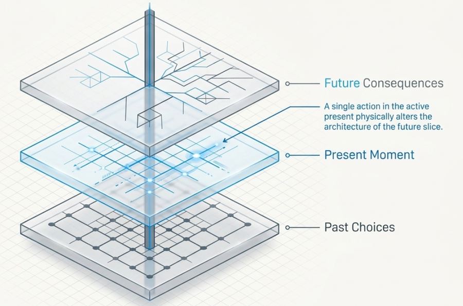 Past choices, present moment, future consequences: the three layers